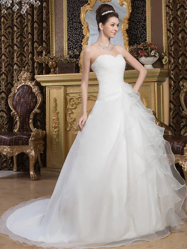A-Line Wedding Dresses Sweetheart Neckline Court Train Organza Satin Strapless with Ruched Cascading Ruffles