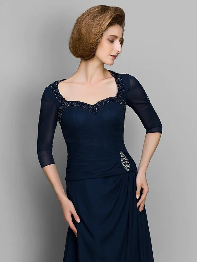 A-Line Mother of the Bride Dress Elegant Sweetheart Neckline Chiffon Length Sleeve with Ruched Beading