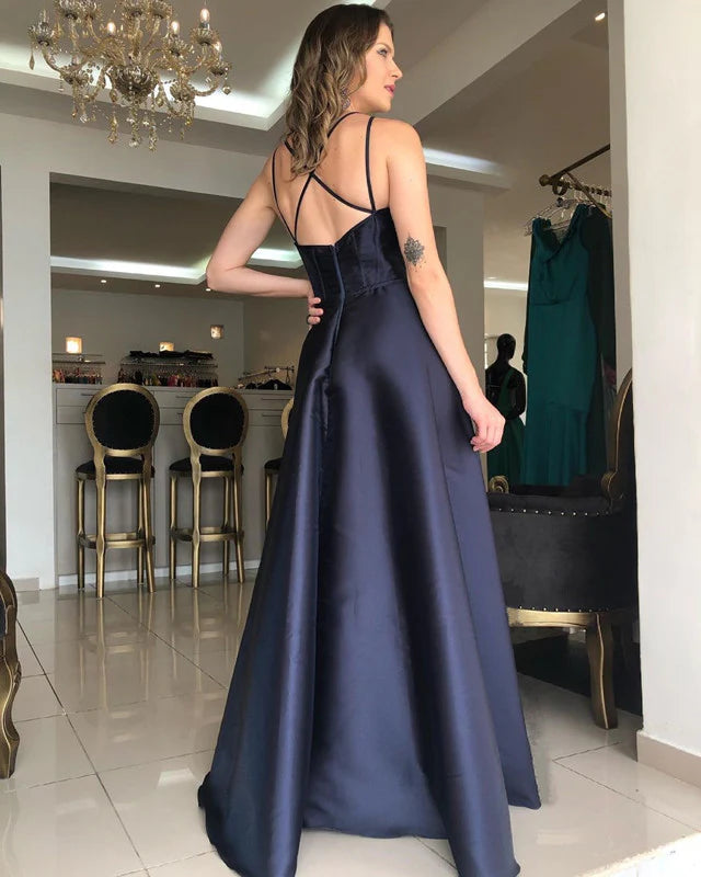 Criss Cross Neck Evening Dresses Satin Long