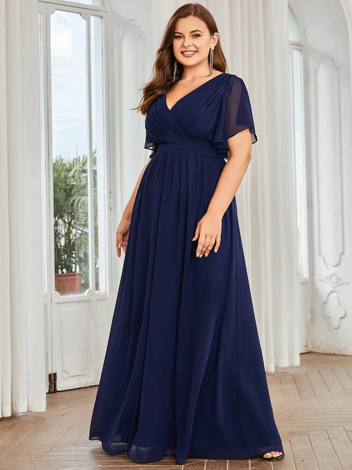 Plus Size Ruffle Pleated Chiffon Tie-Waist Evening Dress