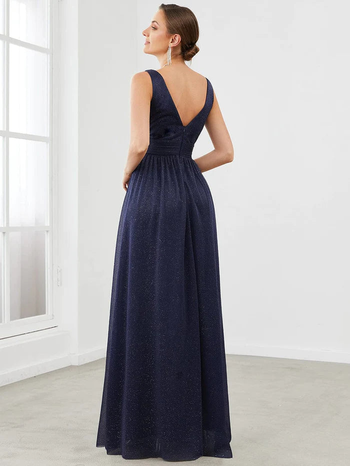 Double V Neck Floor Length Sparkly Evening Dresses for Party