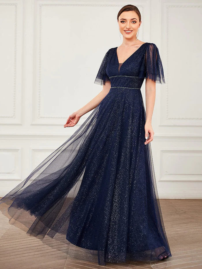 Romantic V Neck Tulle Evening Dress with Ruffle Sleeves