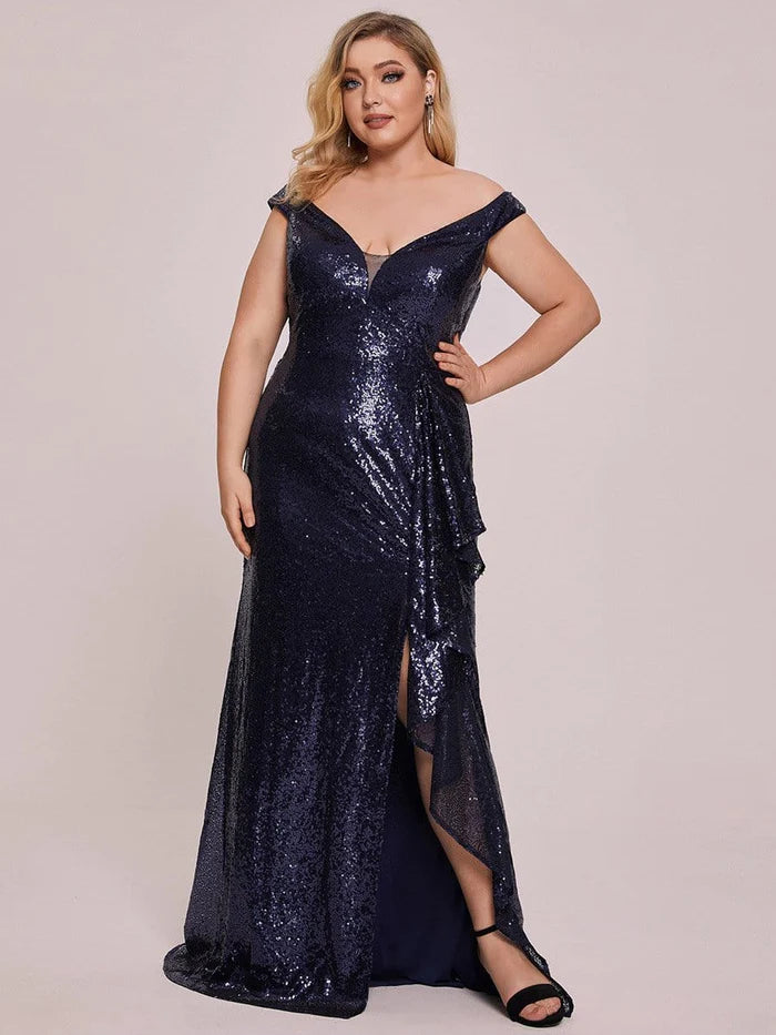 Plus Size Curvy Sequin Sleeveless High Slit Ruffled Evening Dress