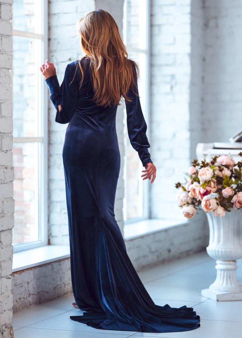 Navy blue maxi velvet mermaid long train dress wedding guest dress Prom dress