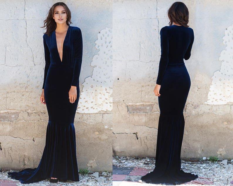 Navy Blue Velvet V Neck Long Sleeve Mermaid Dress Jewel Tone Prom Dress Elopement Dress Reception Dress
