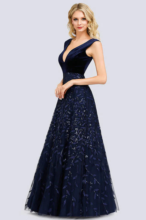 Navy Velvet Maxi Prom Dresses with V Neck Sleeveless Embroidered Sequin Tulle Skirt for Prom and Wedding Guest