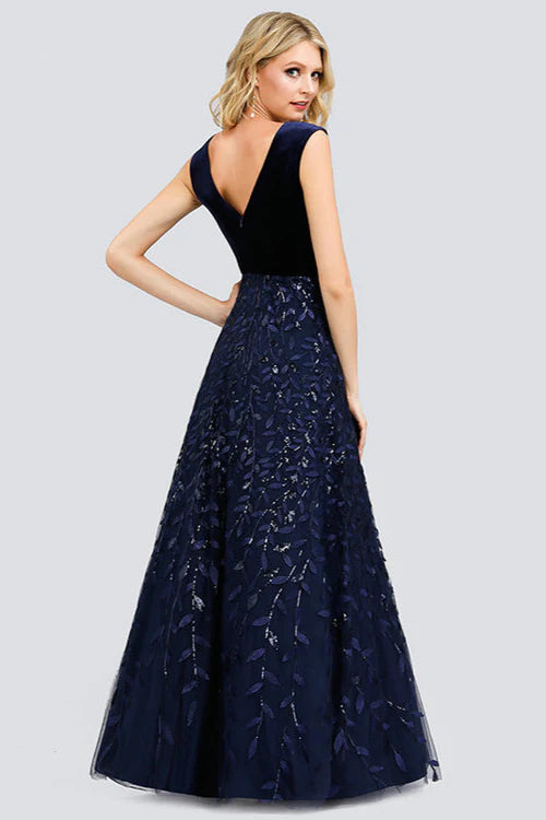 Navy Velvet Maxi Prom Dresses with V Neck Sleeveless Embroidered Sequin Tulle Skirt for Prom and Wedding Guest