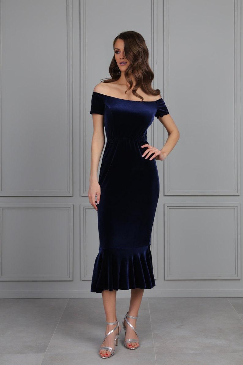 Navy Velvet Dress Bodycon Dress Cocktail Dress Party Dress Prom Dress Midi Velvet Dress Evening Dress