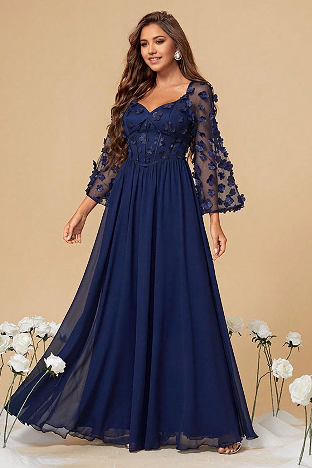 A Line Corset Long Navy Corset Mother of the Bride Dresses With Long Sleeves