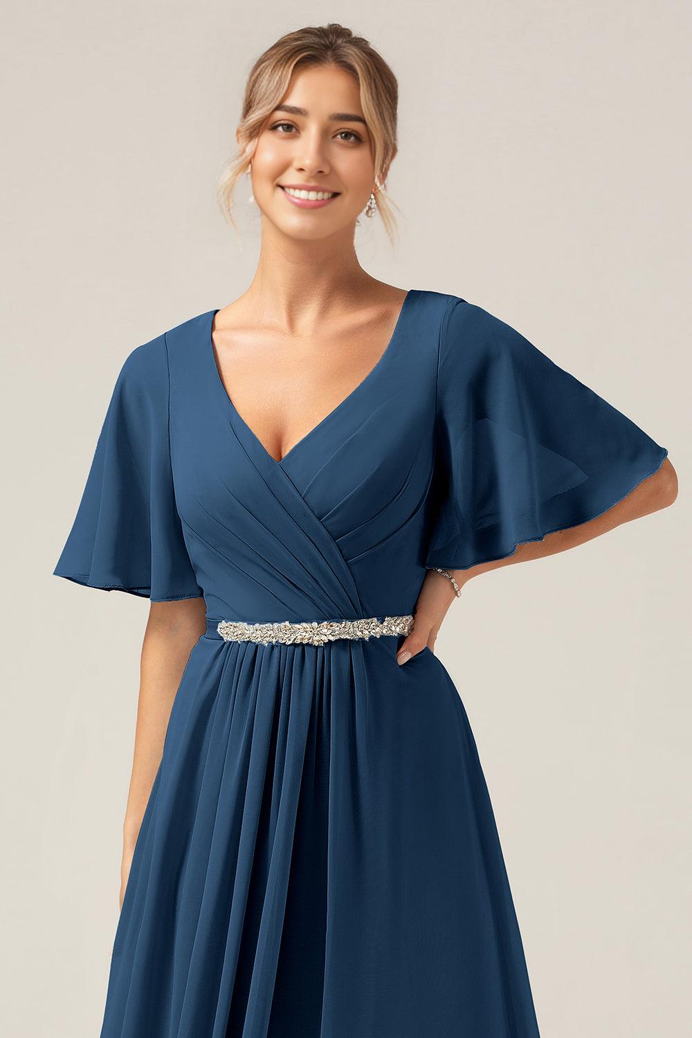A Line V Neck Chiffon Mother of the Bride Dresses With Short Sleeves