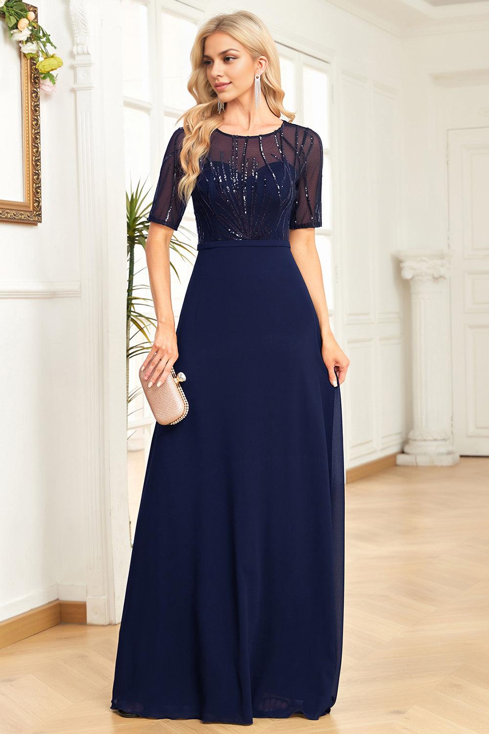 Champagne A Line Sequins Tulle Floor-Length Dress with Bat Sleeves