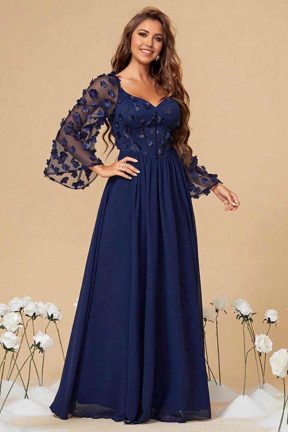 A Line Corset Long Navy Corset Mother of the Bride Dresses With Long Sleeves
