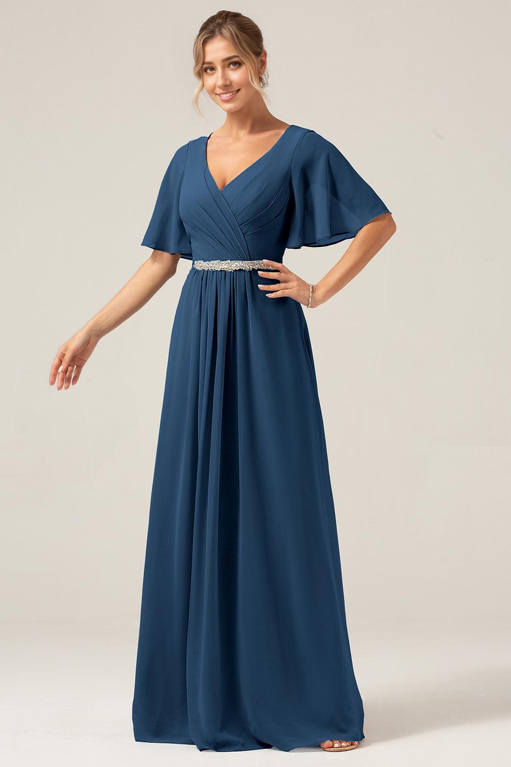 A Line V Neck Chiffon Mother of the Bride Dresses With Short Sleeves