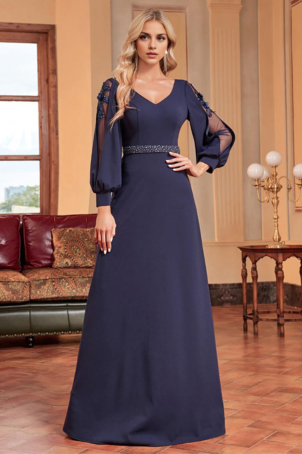 A-Line Long Sleeves Floor Length Mother of the Bride Dresses with Beading