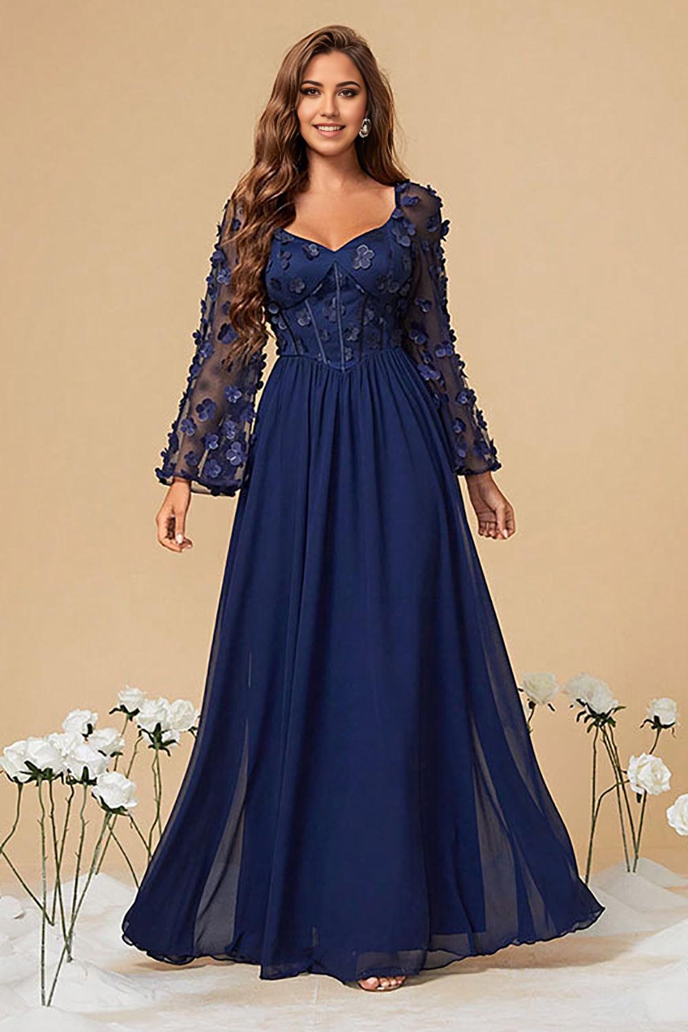 A Line Corset Long Navy Corset Mother of the Bride Dresses With Long Sleeves