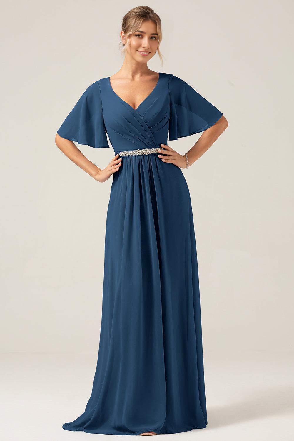 A Line V Neck Chiffon Mother of the Bride Dresses With Short Sleeves