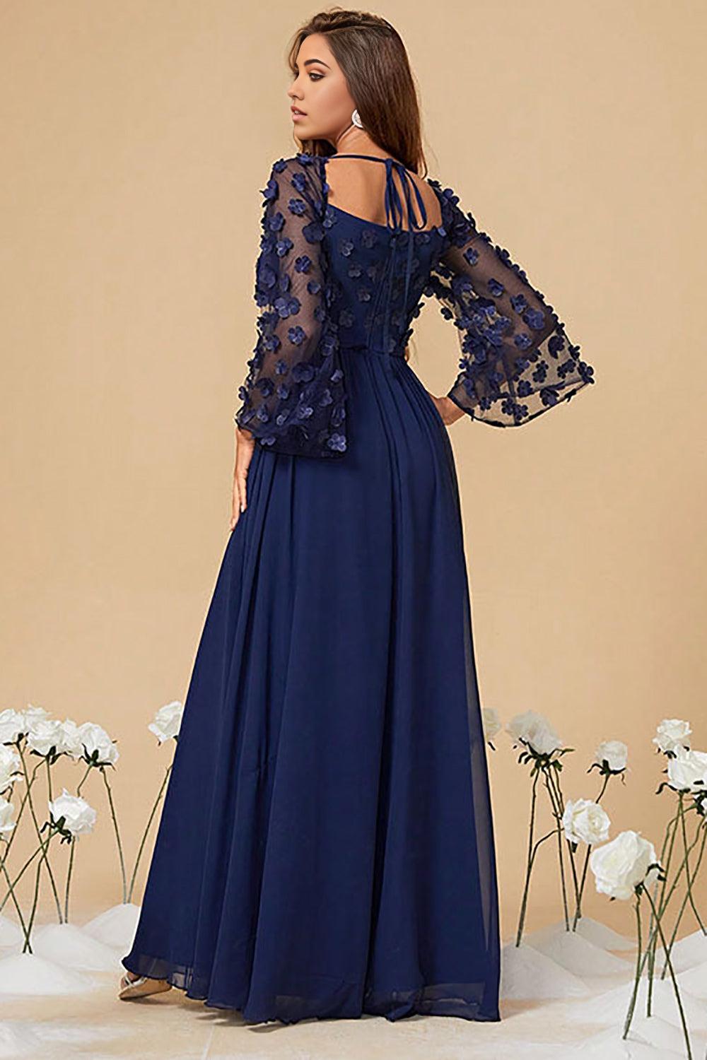 A Line Corset Long Navy Corset Mother of the Bride Dresses With Long Sleeves