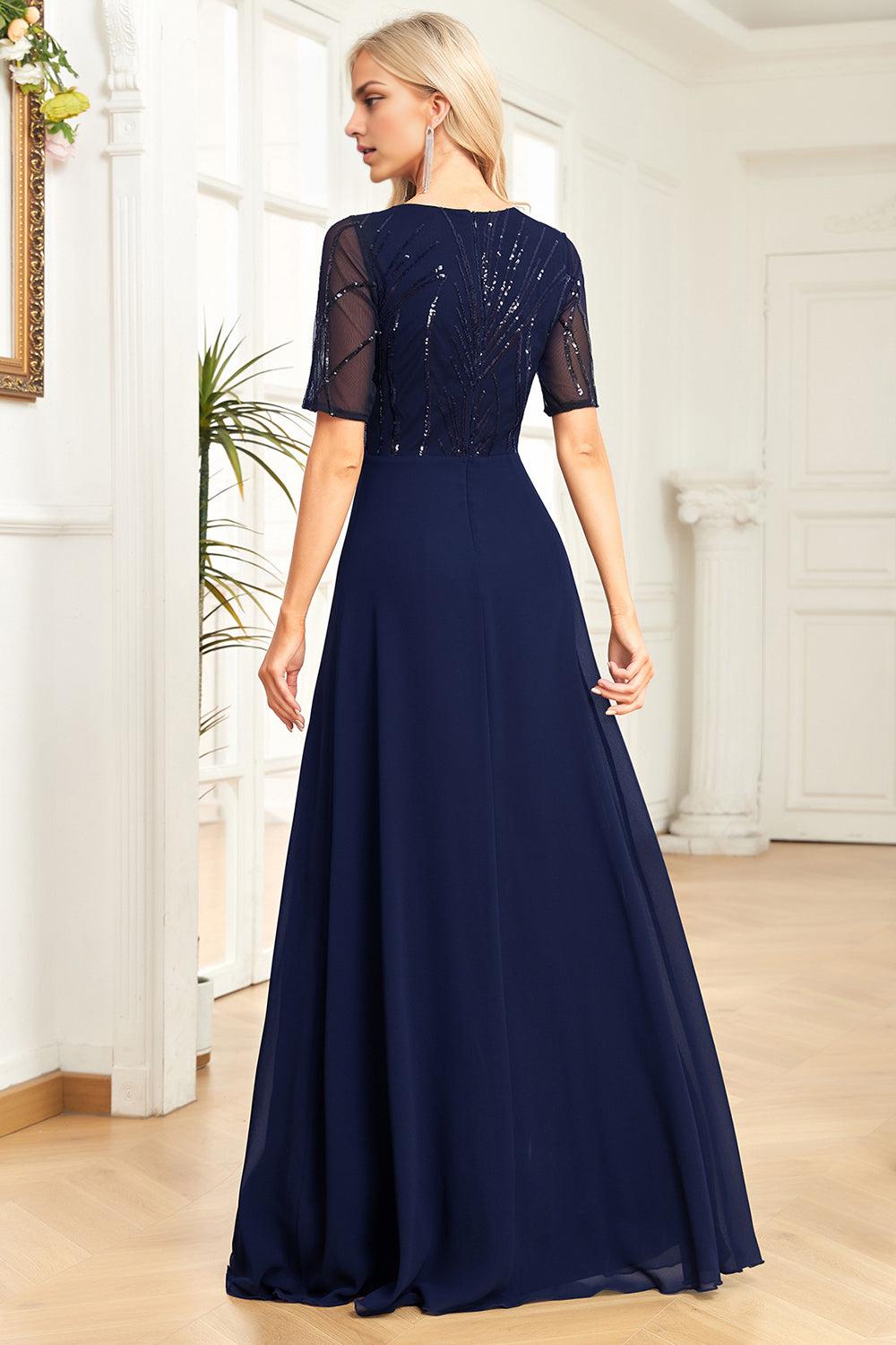 Champagne A Line Sequins Tulle Floor-Length Dress with Bat Sleeves