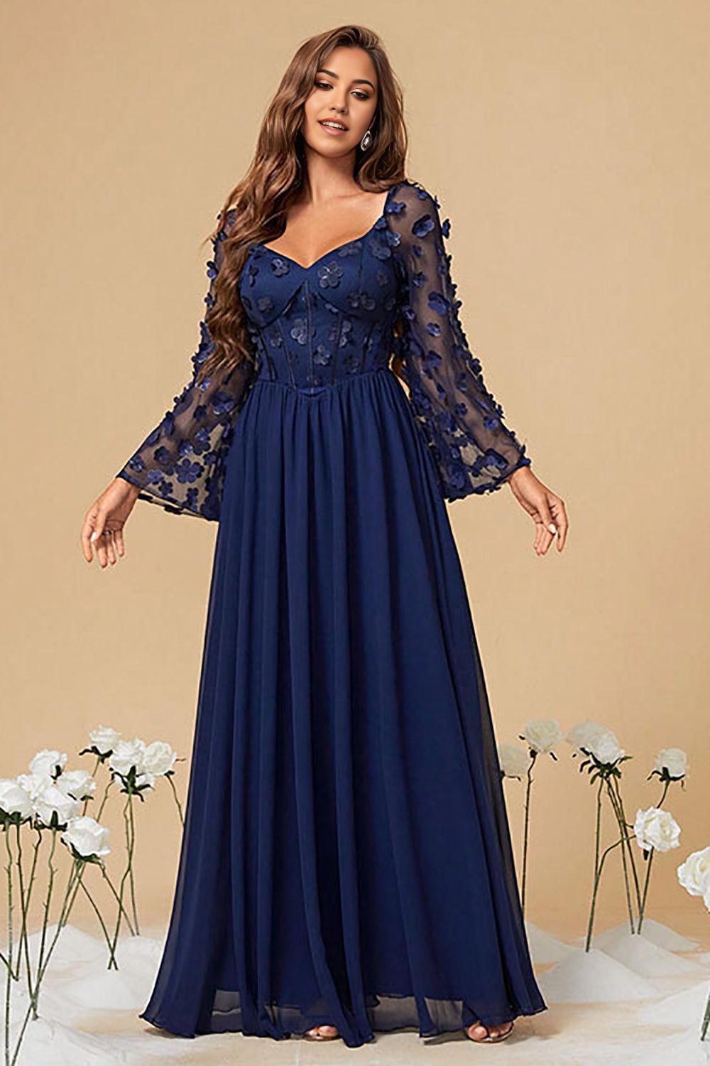 A Line Corset Long Navy Corset Mother of the Bride Dresses With Long Sleeves