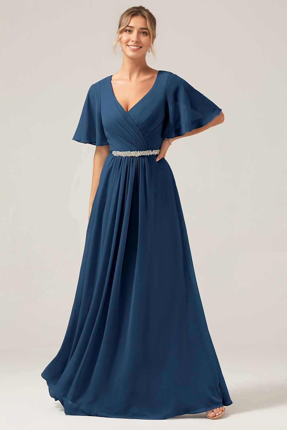 A Line V Neck Chiffon Mother of the Bride Dresses With Short Sleeves