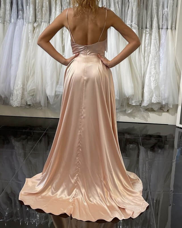 Blush Pink Satin Evening Dresses Cowl Neck Split