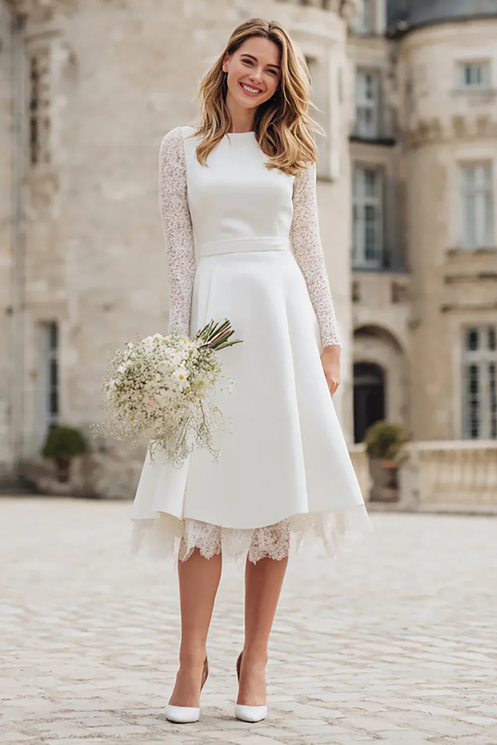 Neck Crepe & Lace Midi Wedding Dress with Layered Hem