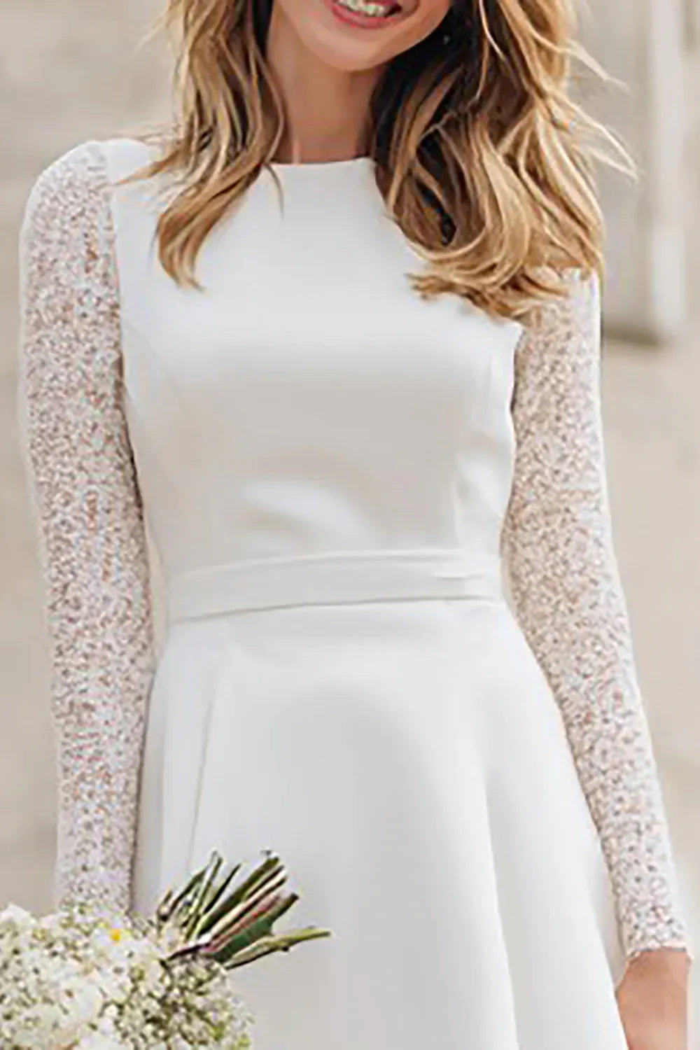 Neck Crepe & Lace Midi Wedding Dress with Layered Hem