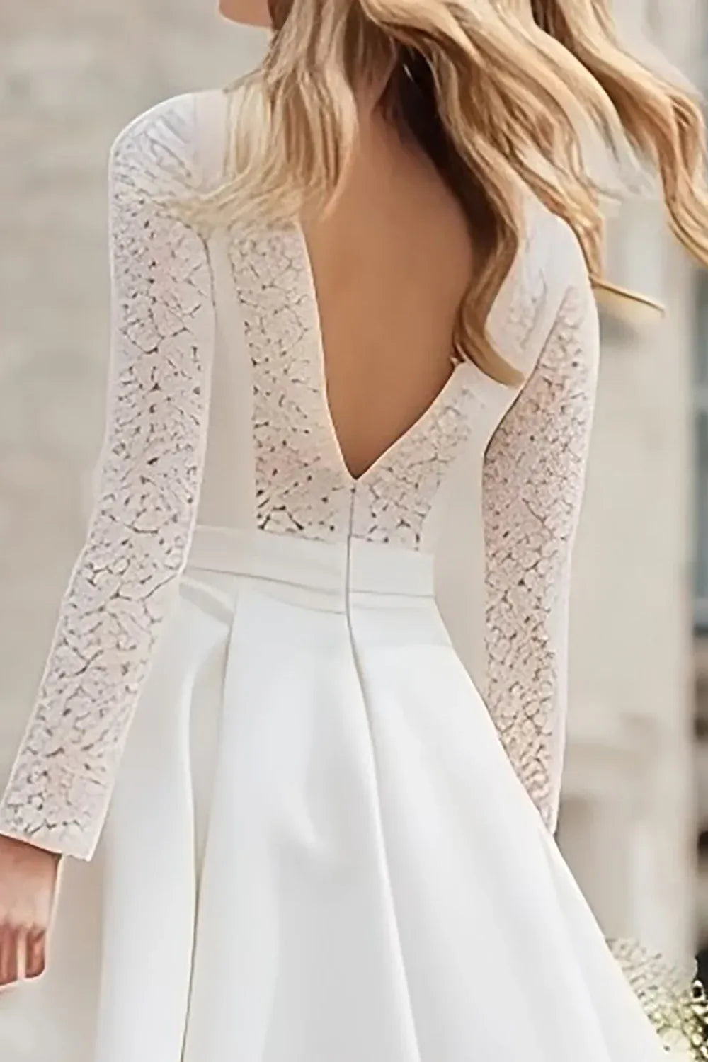 Neck Crepe & Lace Midi Wedding Dress with Layered Hem