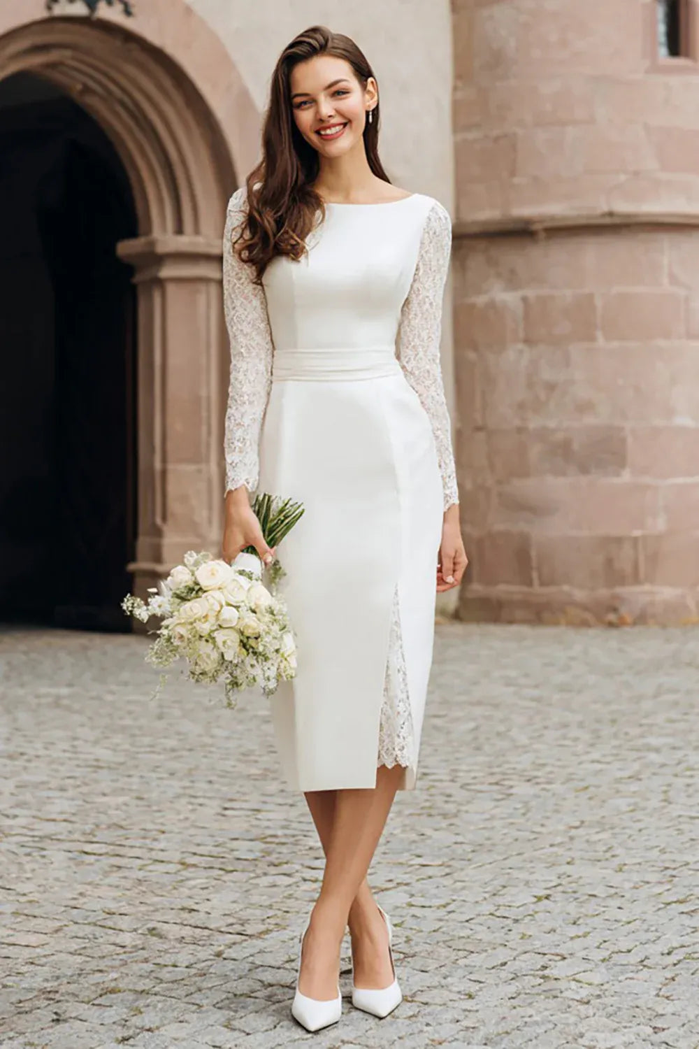Neck Satin Midi Wedding Dress with Lace Sleeves & V-Back