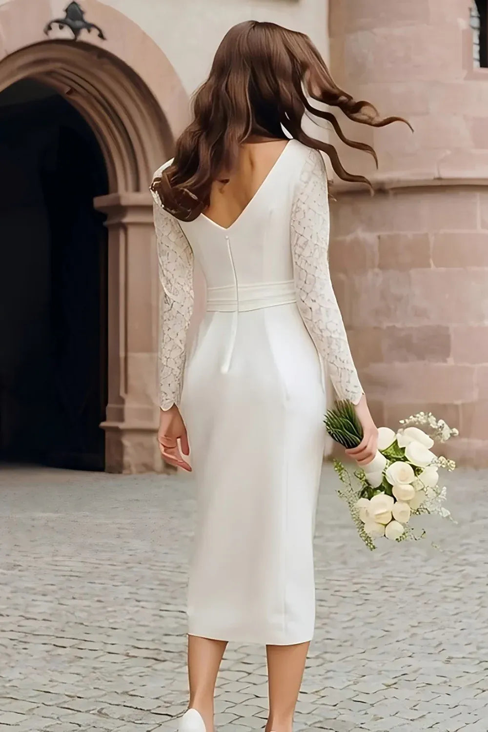 Neck Satin Midi Wedding Dress with Lace Sleeves & V-Back