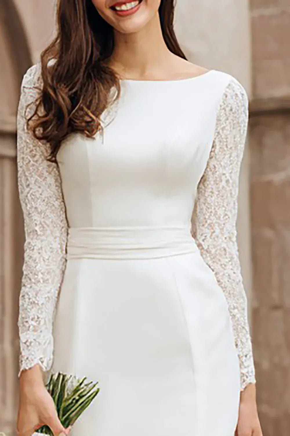 Neck Satin Midi Wedding Dress with Lace Sleeves & V-Back