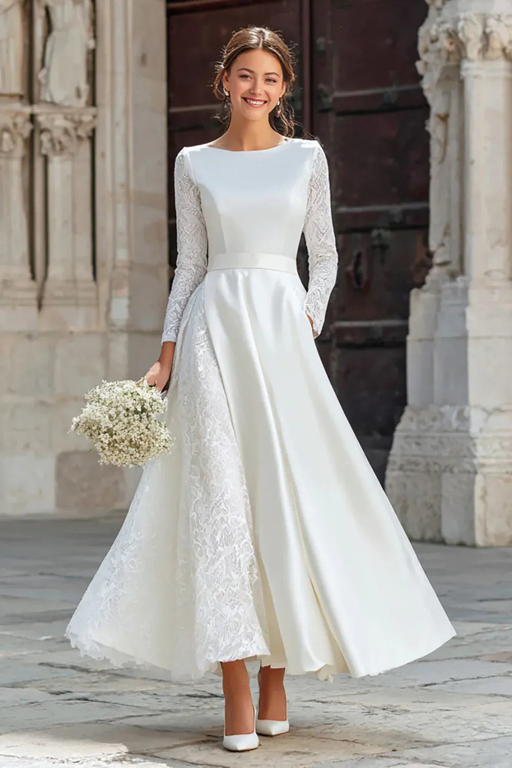 Neck Satin & Lace A-Line Ankle Wedding Dress with Pockets