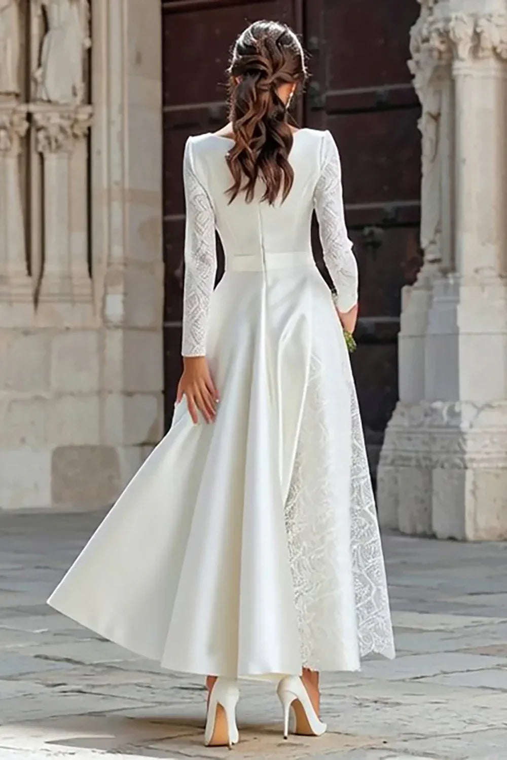 Neck Satin & Lace A-Line Ankle Wedding Dress with Pockets
