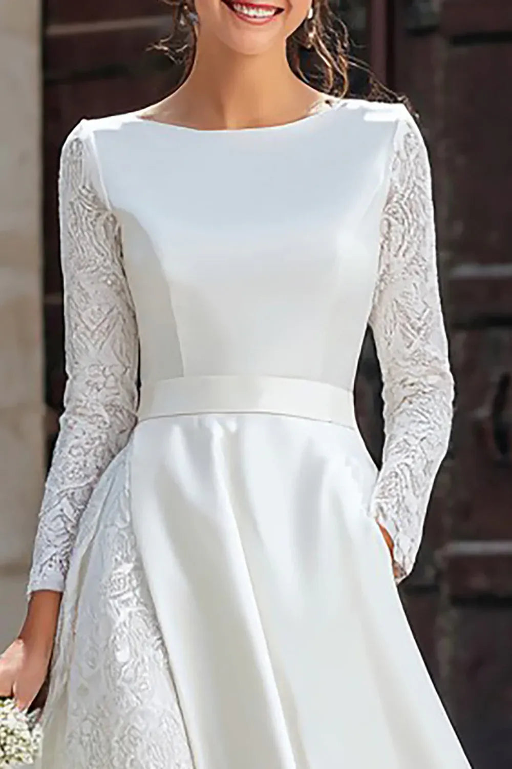 Neck Satin & Lace A-Line Ankle Wedding Dress with Pockets