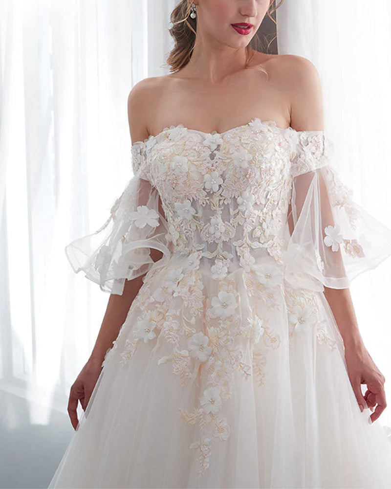 A Line Off The Shoulder Tulle Scoop Neck Wedding Dresses