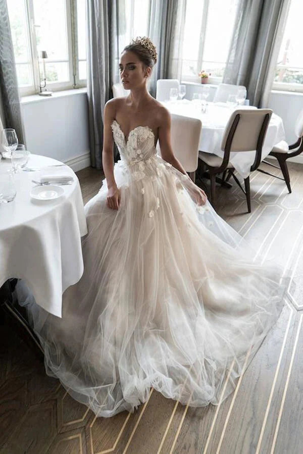 Dingji WeddingjiDress New Arrival Sweetheart A Line Tulle Wedding Dresses With Beading Floral Bridal Gown
