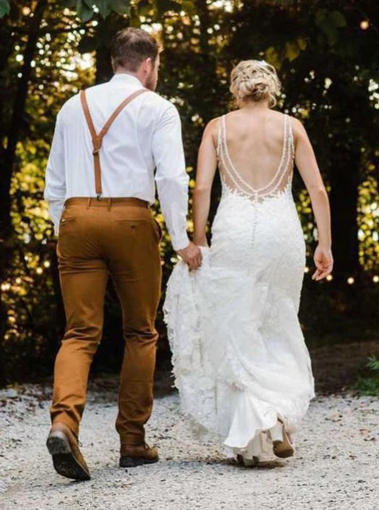 Dingji WeddingjiDress New Arrival V Neck Lace Mermaid Sweep Train Wedding Dresses