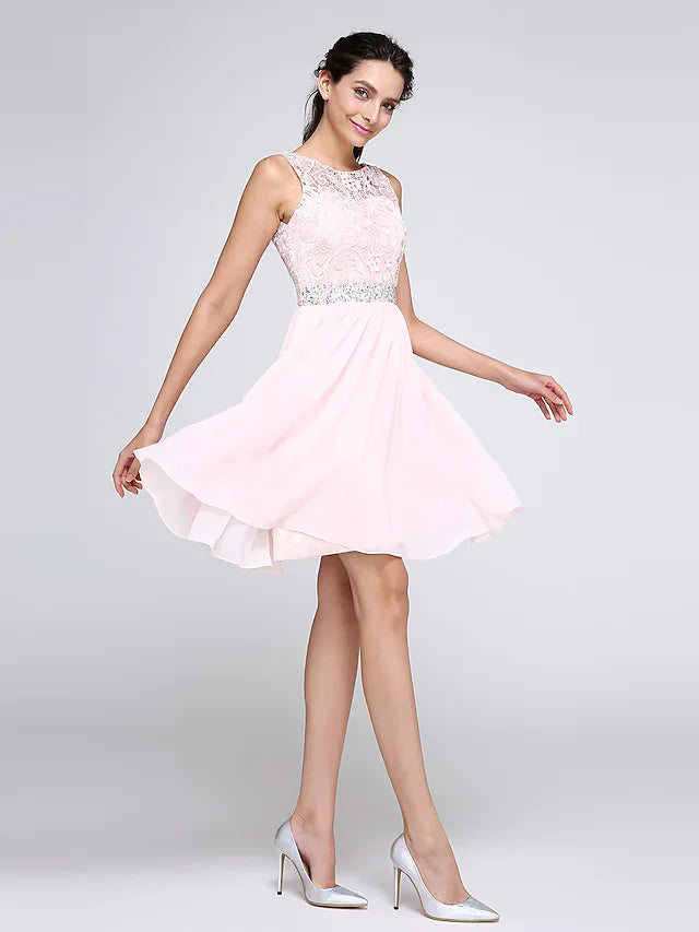 DingjiA-Line Hot Graduation Cocktail Party Dress Illusion Neck Sleeveless Short Mini Chiffon Corded Lace with Crystals
