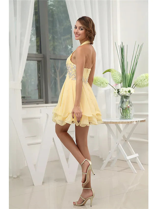DingjiA-Line Elegant Party Wear Wedding Guest Cocktail Party Dress Halter Neck Sleeveless Short Mini Chiffon with Beading Tier