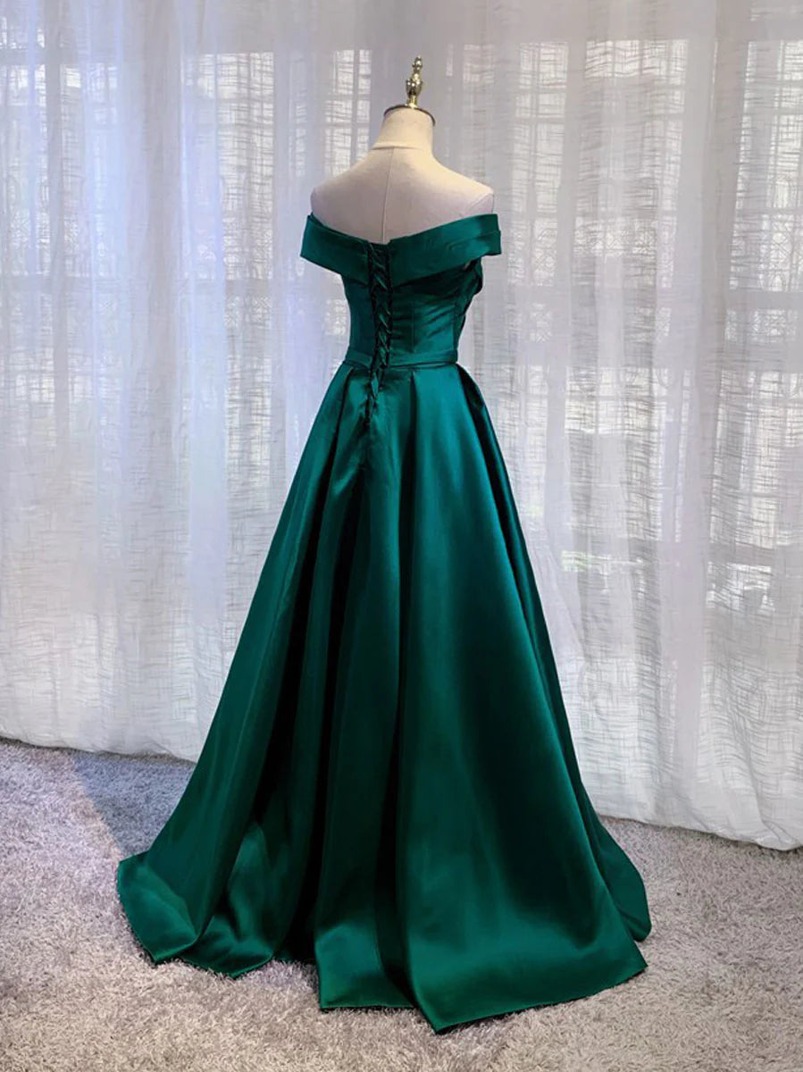 Simple green satin off shoulder long prom dressgreen bridesmaid dress