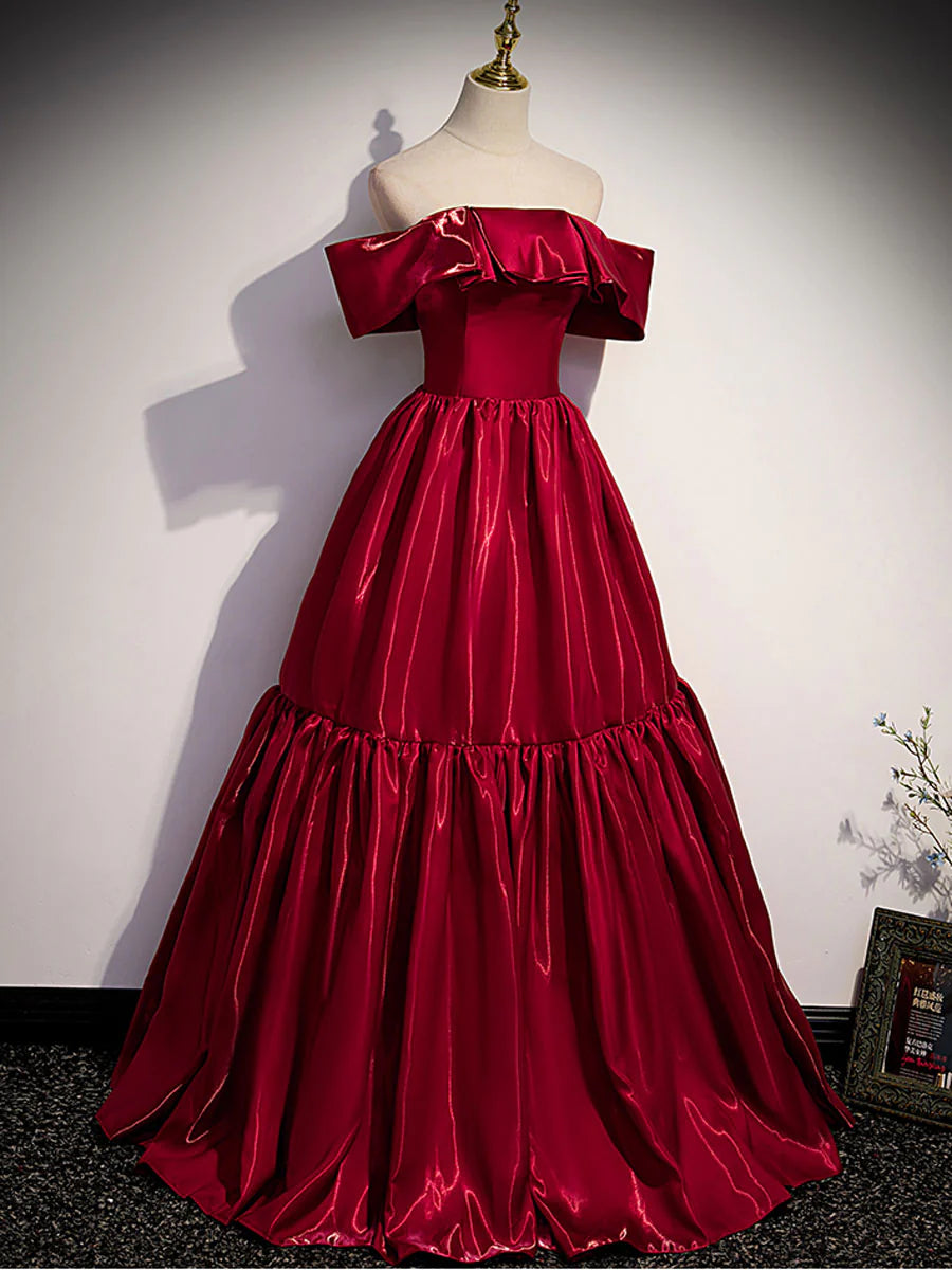 Simple burgundy off shoulder satin long prom dress burgundy evening dress
