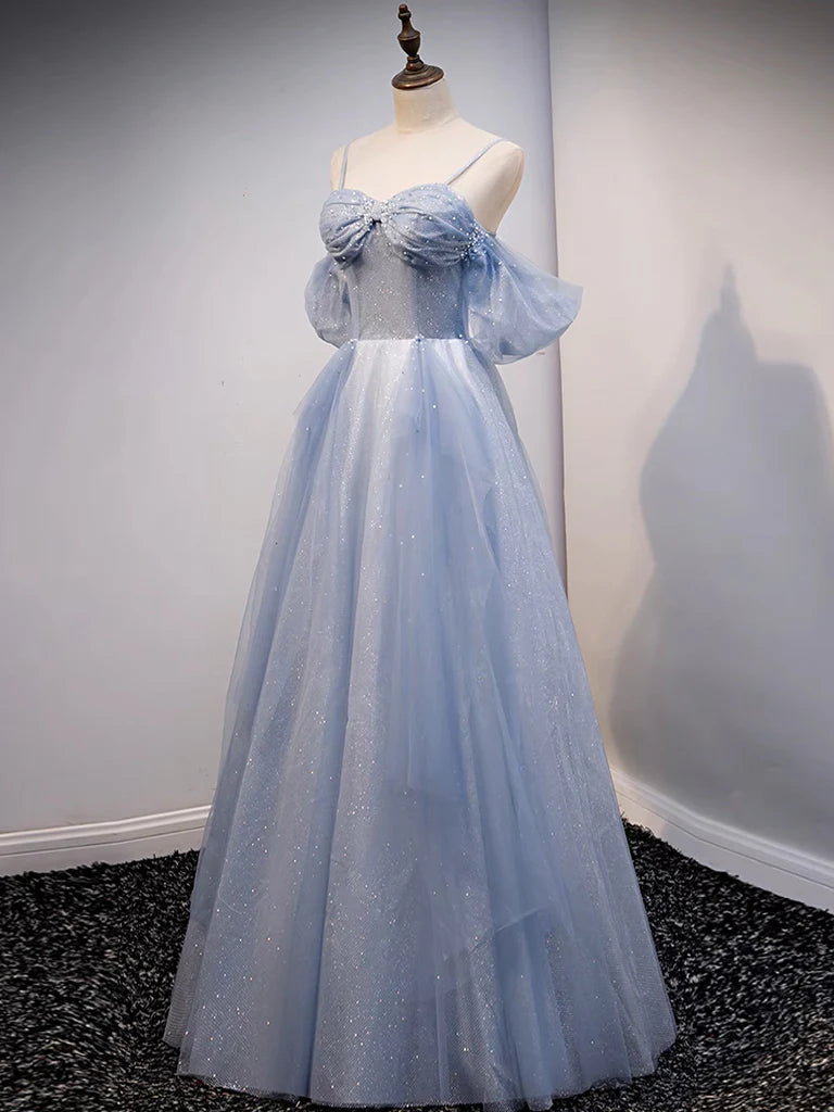 A-Line Off Shoulder Tulle Gray Blue Long Prom Dress