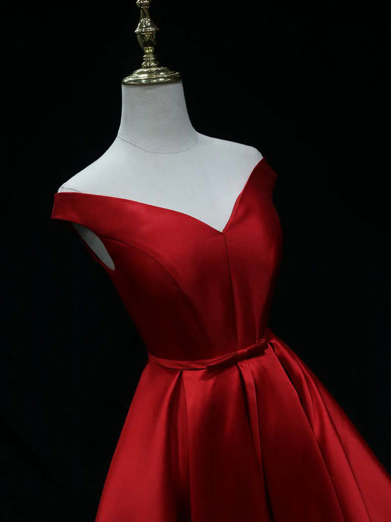 Simple A line satin red ling prom dressred bridesmaid dress