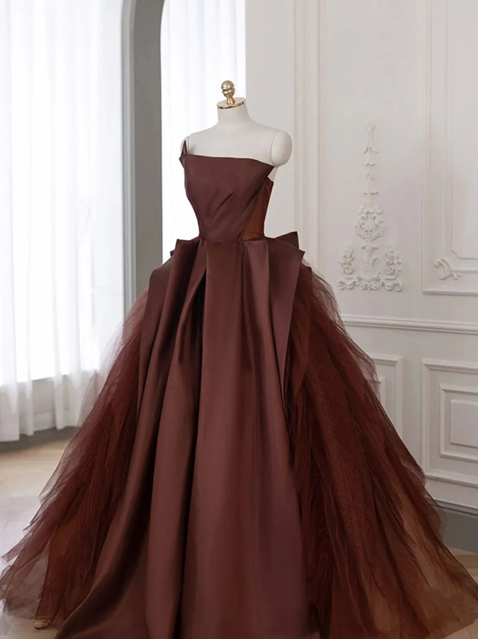 Brown Satin Tulle Long Prom Gown