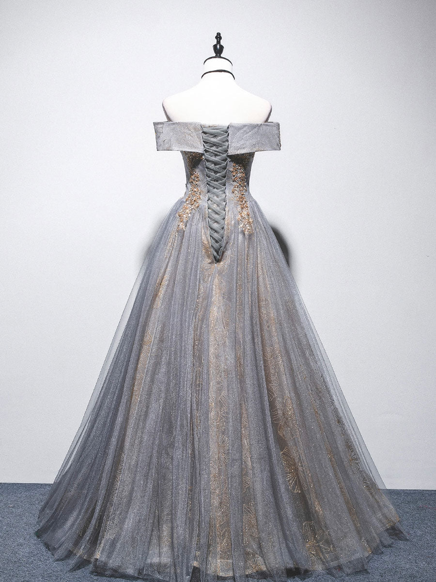 Gray blue tulle off shoulder lace long prom dresstulle formal dress