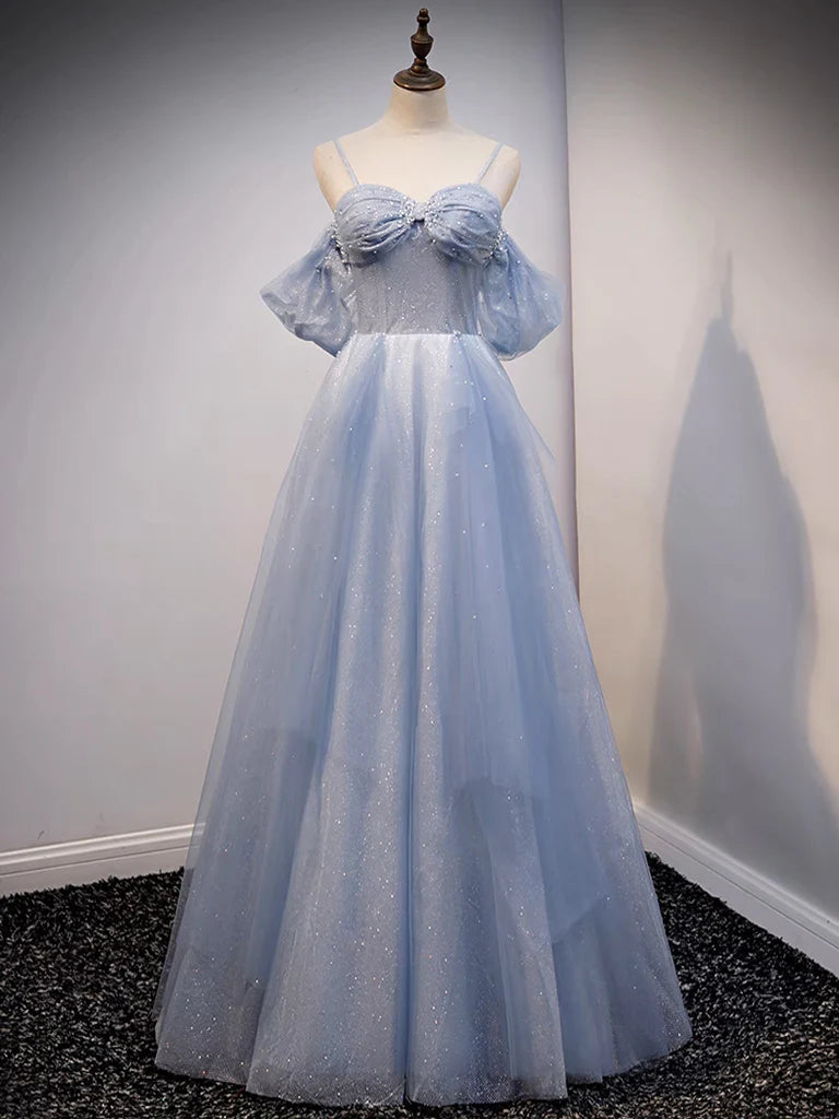 A-Line Off Shoulder Tulle Gray Blue Long Prom Dress