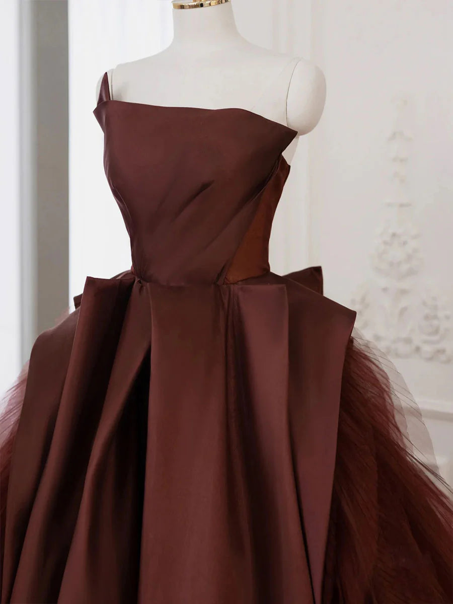 Brown Satin Tulle Long Prom Gown