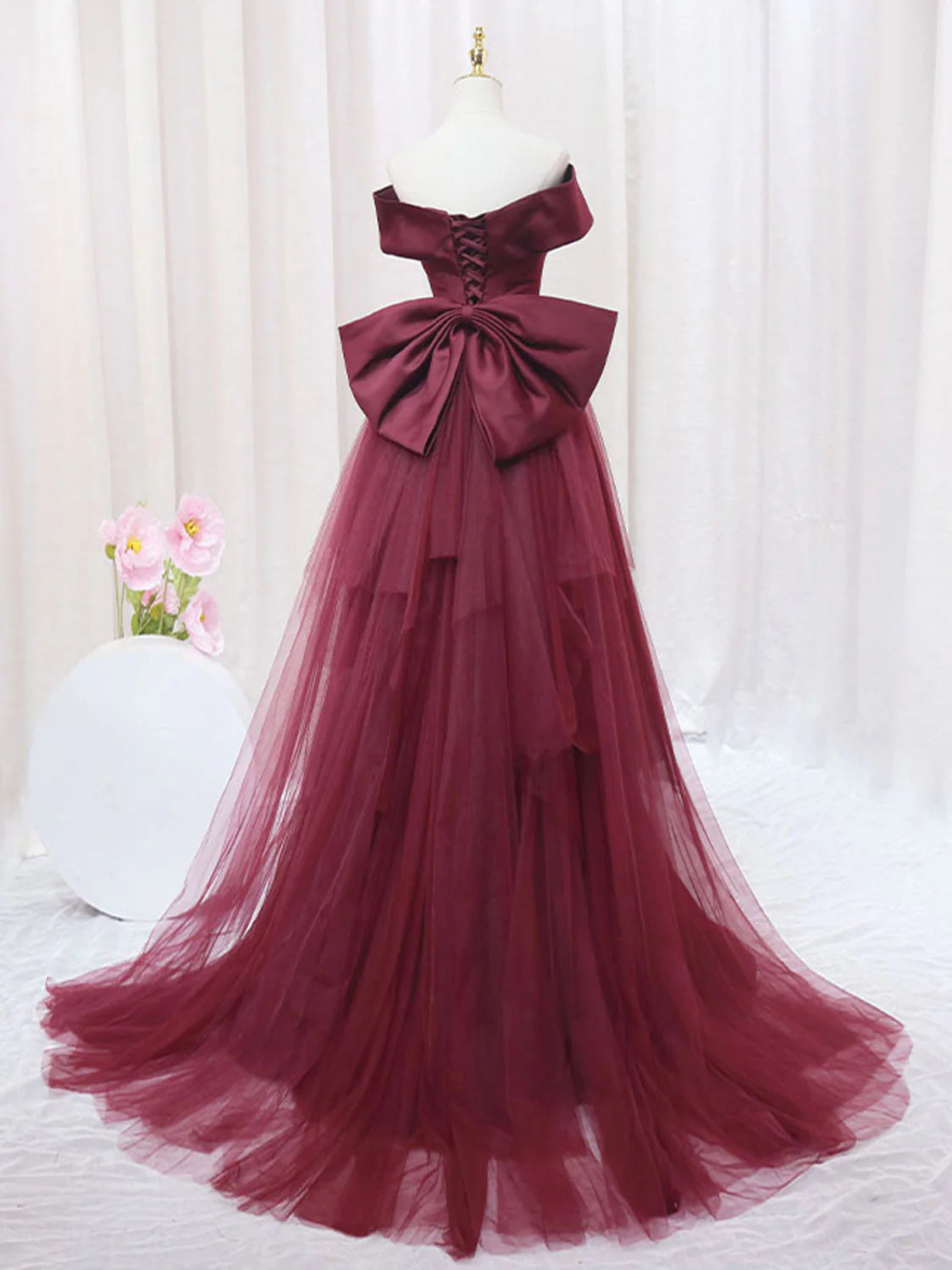 Burgundy Mermaid Tulle Long Prom DressBurgundy Formal Evening Dress