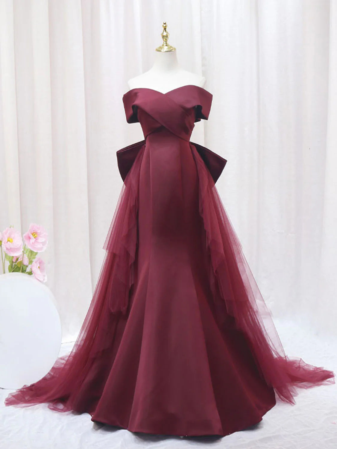 Burgundy Mermaid Tulle Long Prom DressBurgundy Formal Evening Dress