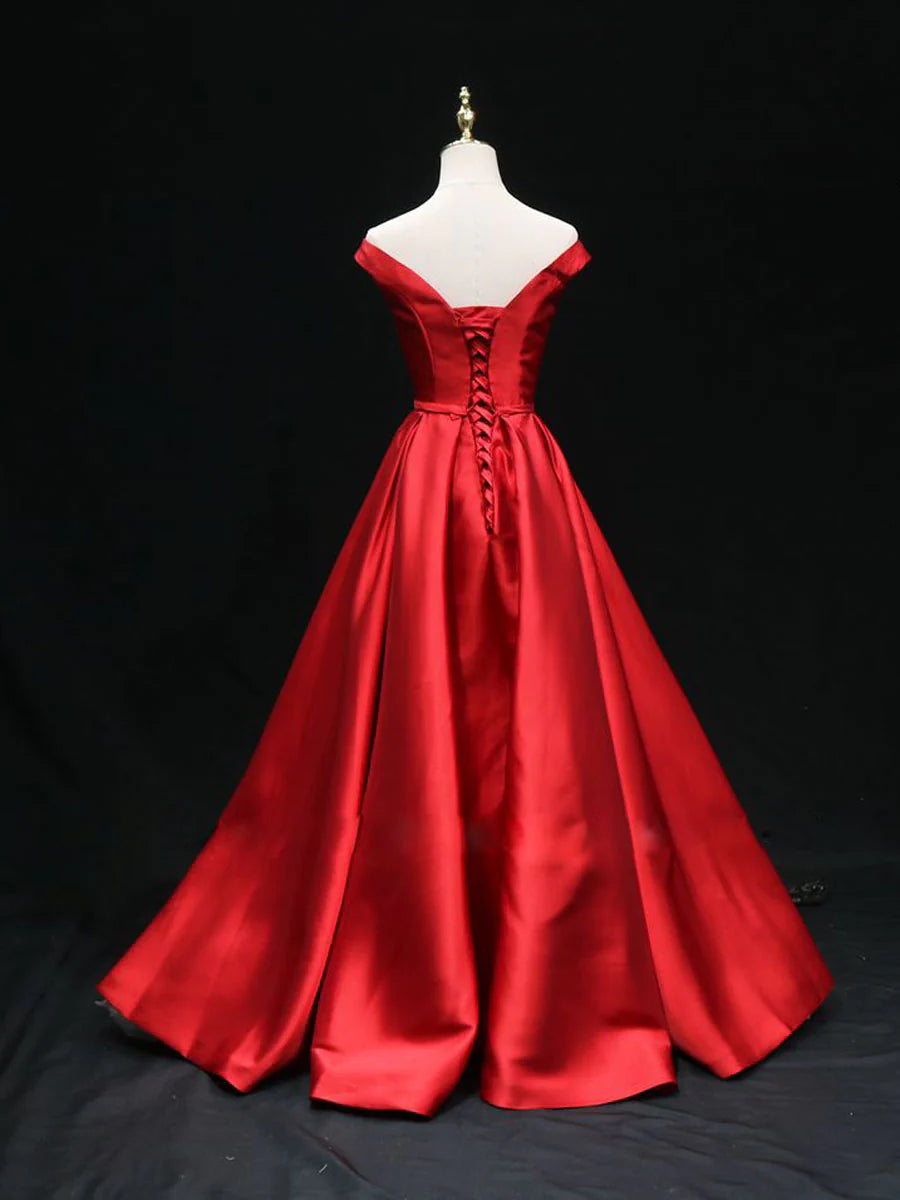 Simple A line satin red ling prom dressred bridesmaid dress